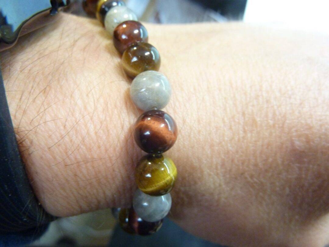 BRACELET OEIL DE TIGRE-TAUREAU-LABRADORITE PERLES 8 MM