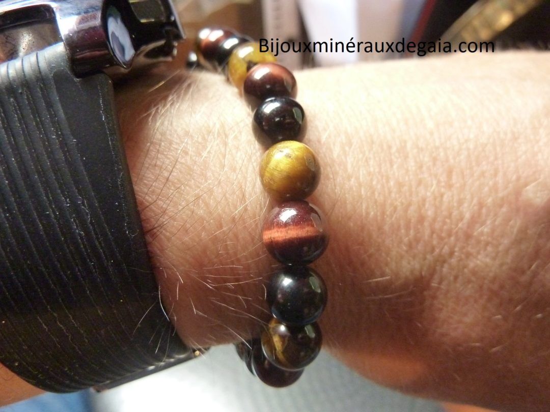 Bracelet Oeil de tigre,spinelle noir,oeil de taureau perles 8 mm