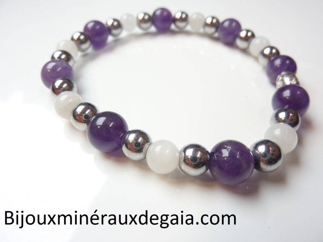 Bracelet Pierre de lune-Améthyste-Hématite: perles rondes 8-6 mm