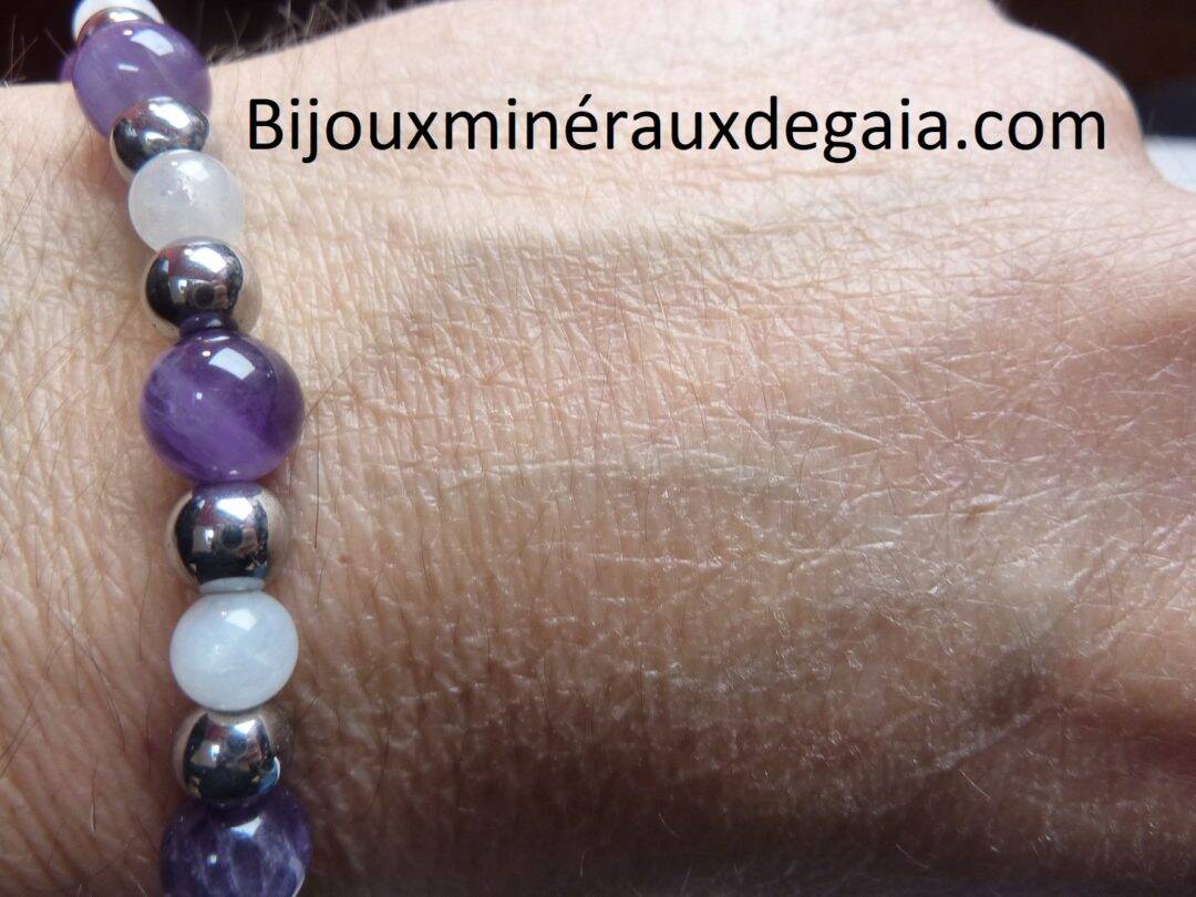 Bracelet Pierre de lune-Améthyste-Hématite: perles rondes 8-6 mm
