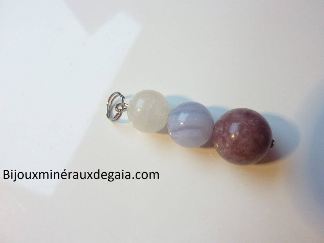 Pendentif Lépidolite-Pierre de lune-calcédoine bleue anti-stress