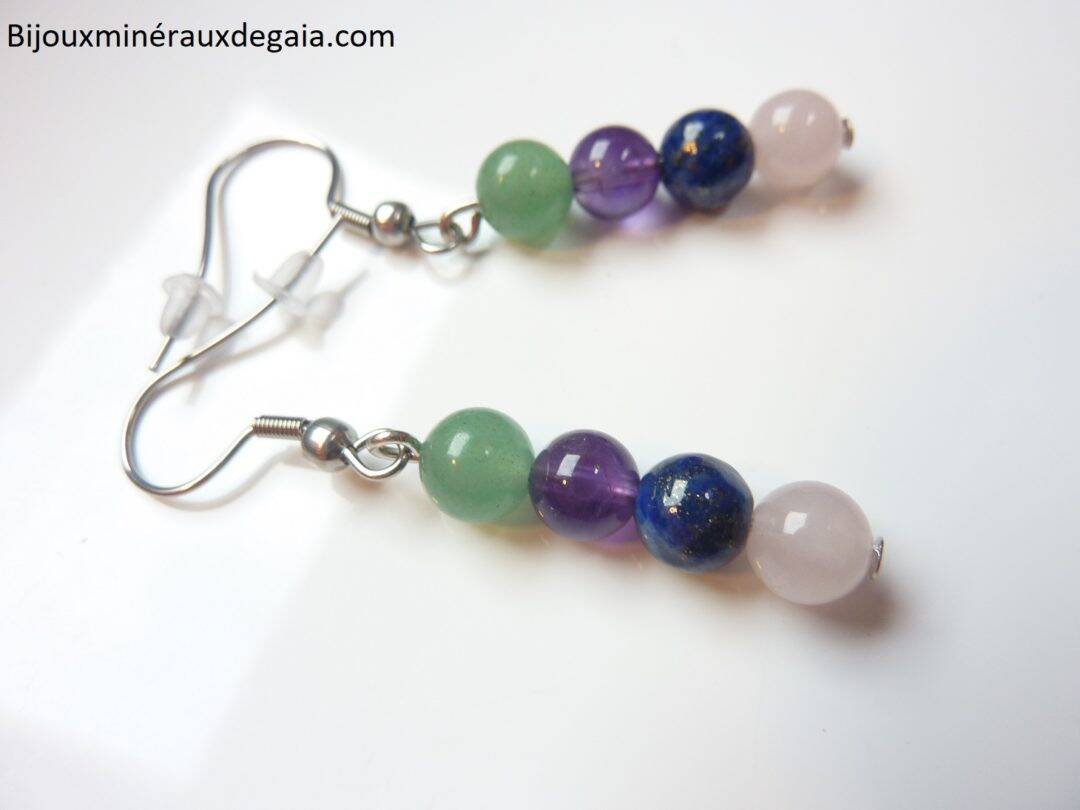 Boucles d'oreilles Améthyste-Lapis lazuli-Quartz rose-Aventurine perles 6 mm