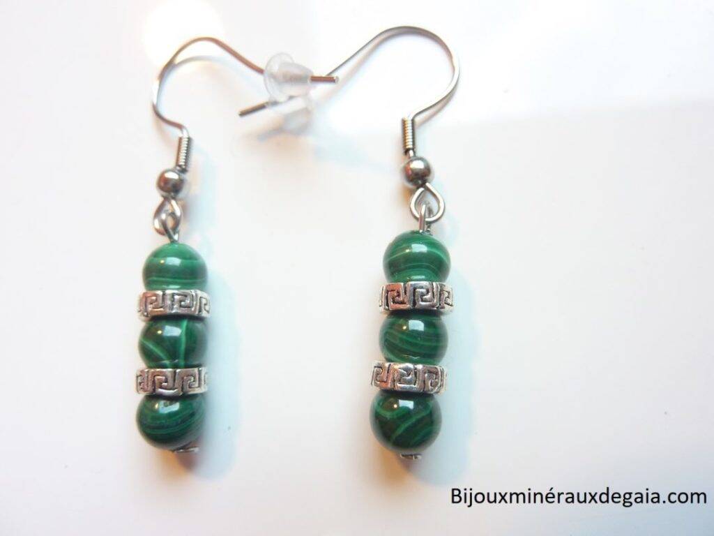 BOUCLES D'OREILLES MALACHITE PERLES RONDES 6 MM