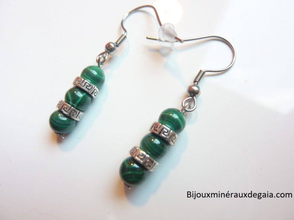 BOUCLES D'OREILLES MALACHITE PERLES RONDES 6 MM
