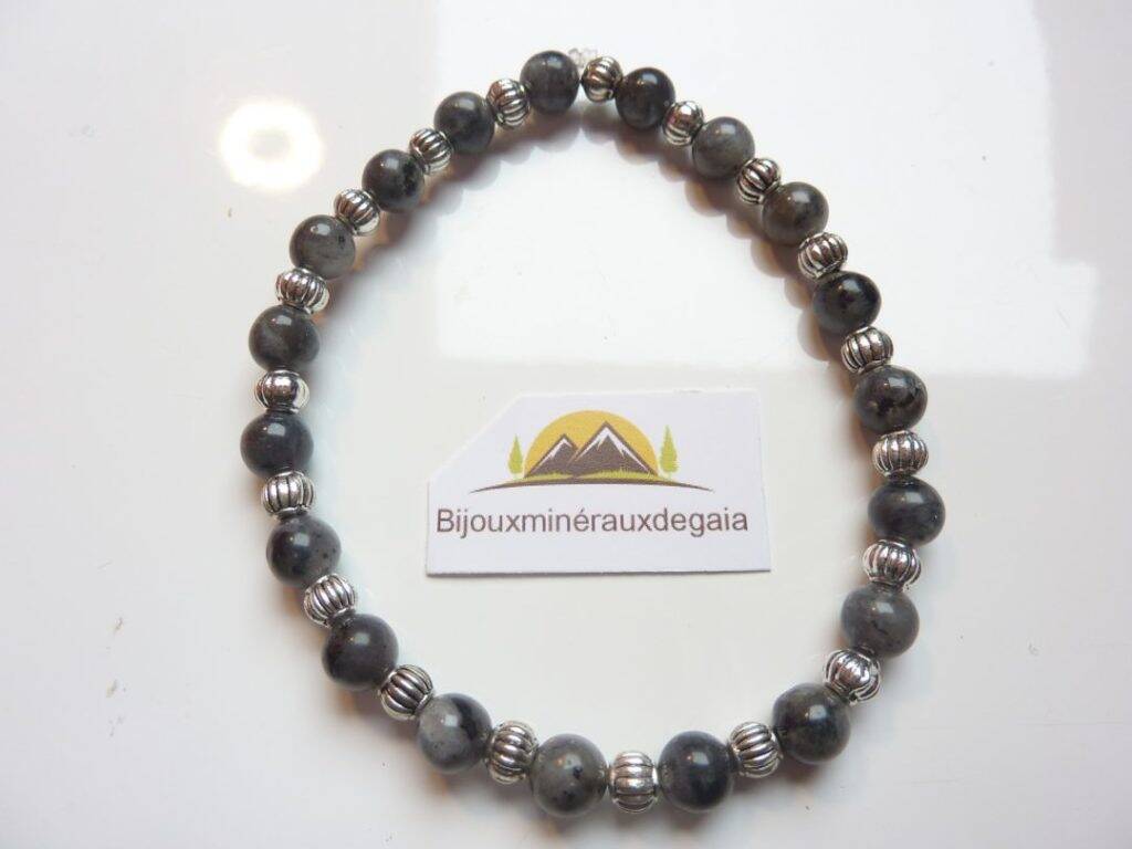 Bracelet Labradorite-Larkivite-Argent tibétain-Perles rondes 6 mm