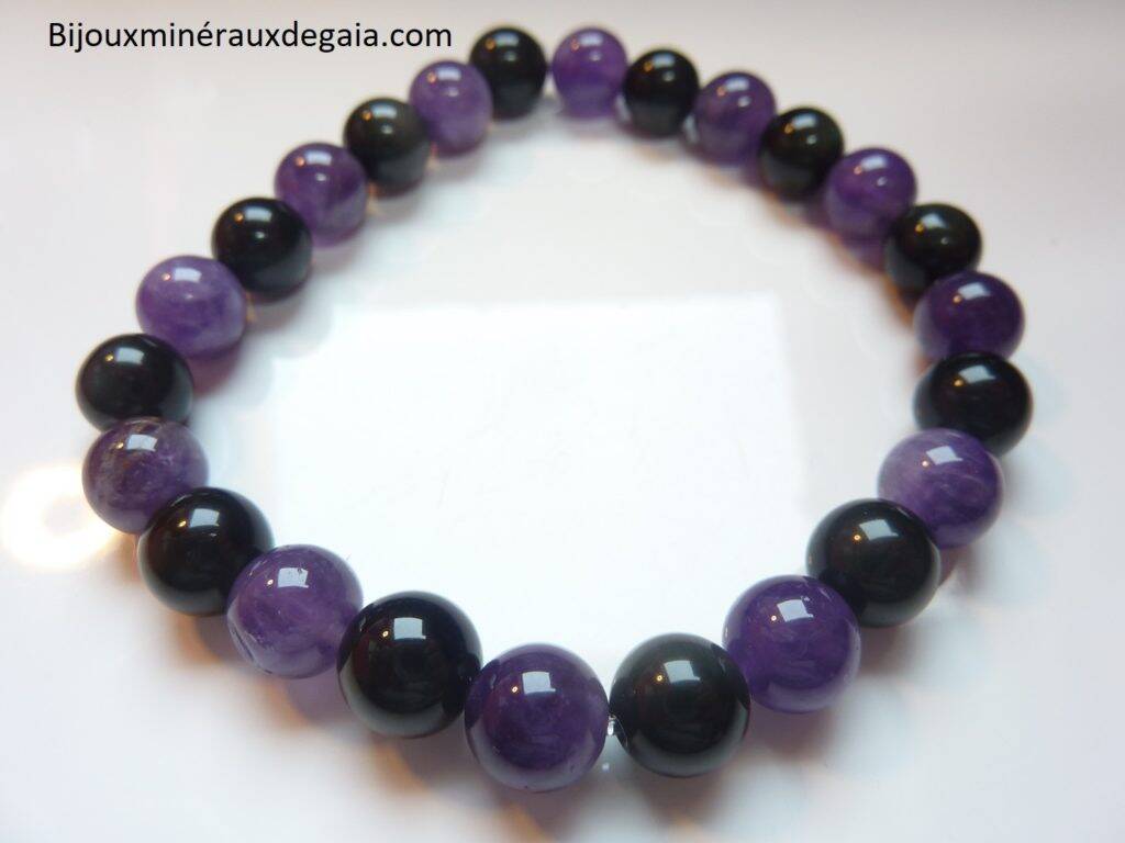 Bracelet Améthyste-Obsidienne oeil céleste perles 8 mm