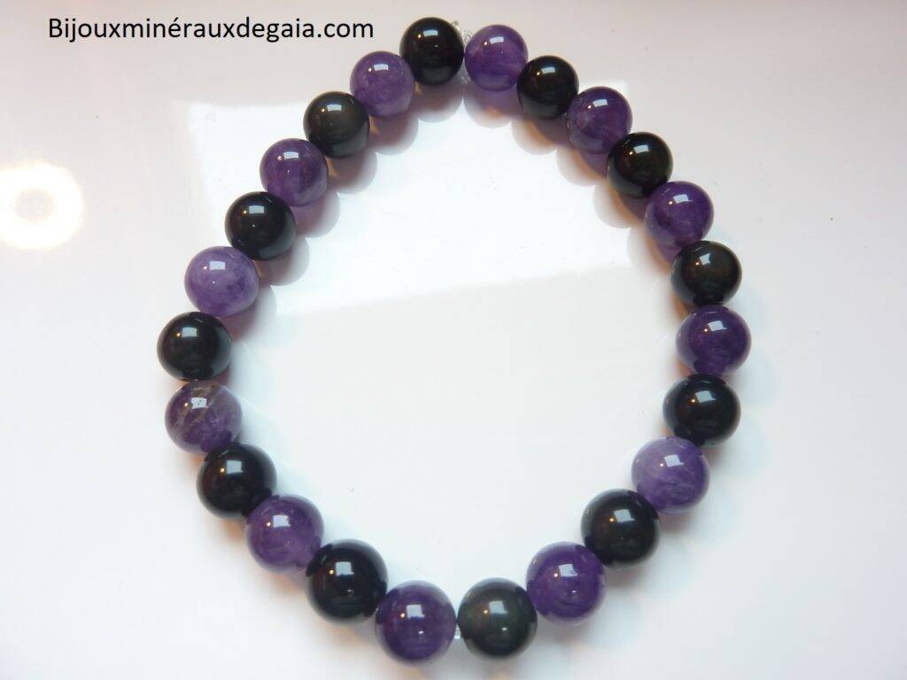 Bracelet Améthyste-Obsidienne oeil céleste perles 8 mm