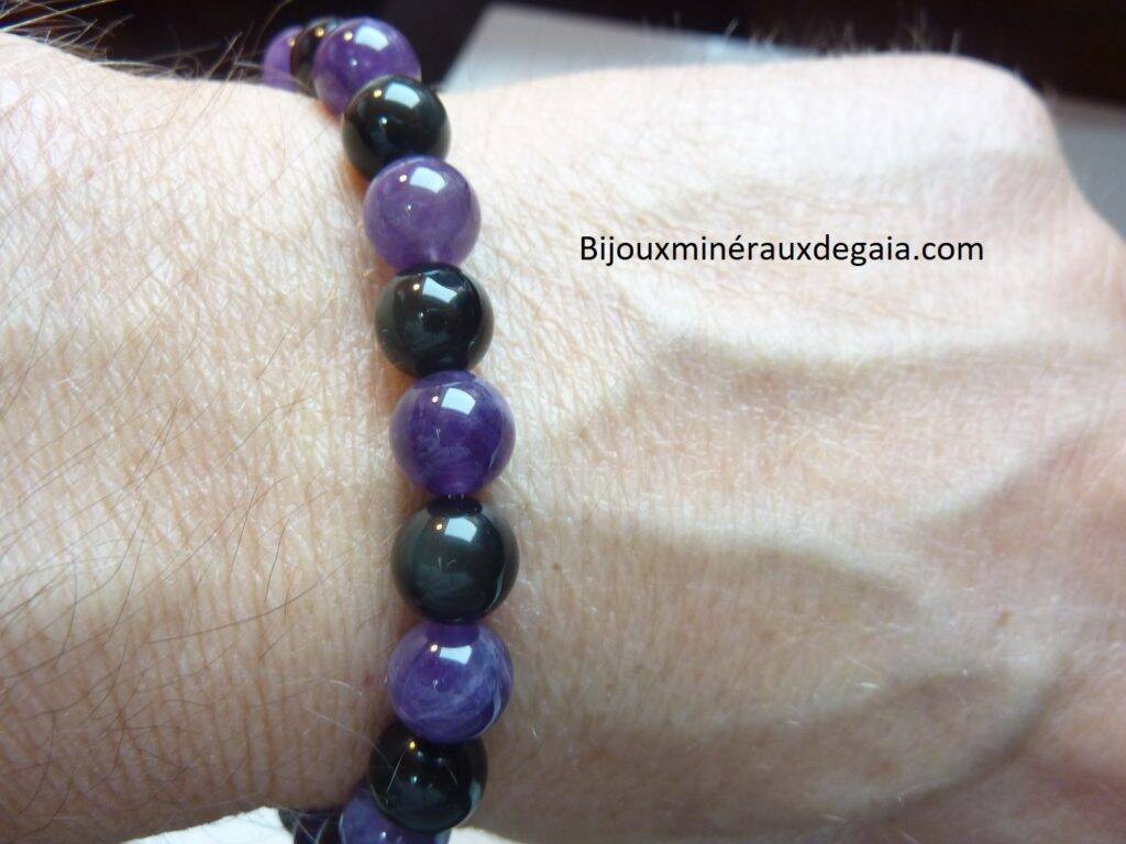 Bracelet Améthyste-Obsidienne oeil céleste perles 8 mm