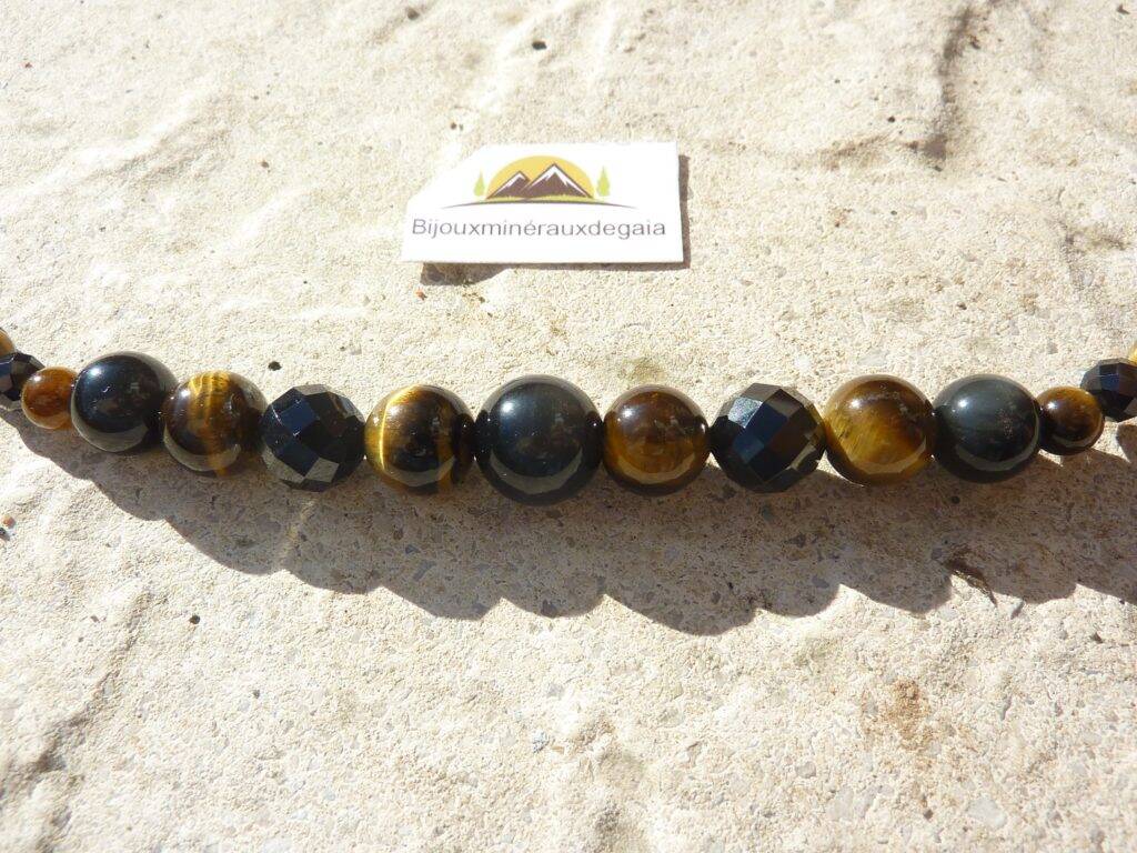 Bracelet-Collier Spinelle noir-Obsidienne Oeil céleste-Oeil de tigre