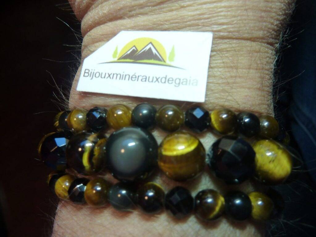 Bracelet-Collier Spinelle noir-Obsidienne Oeil céleste-Oeil de tigre