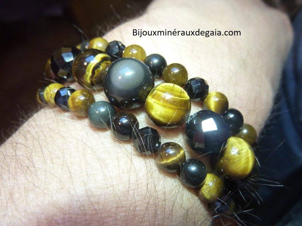 Bracelet-Collier Spinelle noir-Obsidienne Oeil céleste-Oeil de tigre