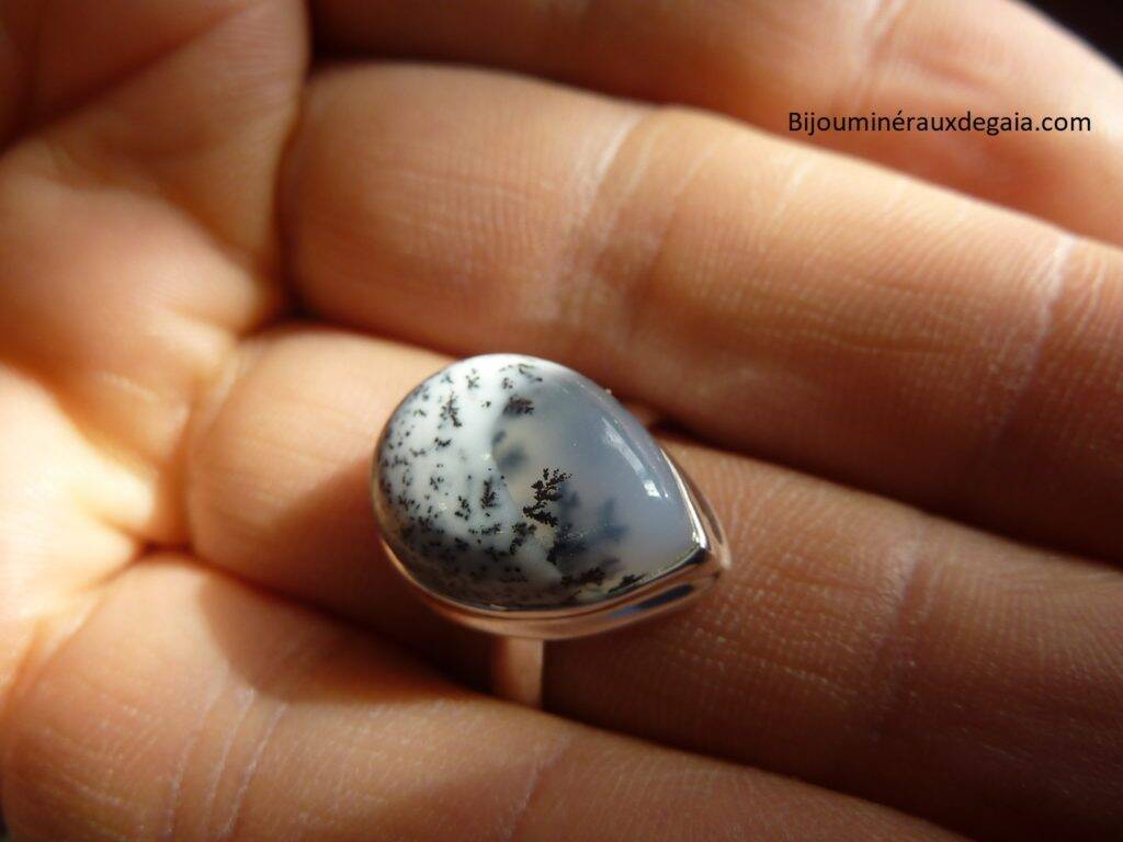 Bague Merlinite opale dentritique Monture argent 925 Taille 58 1/2 REF 7909