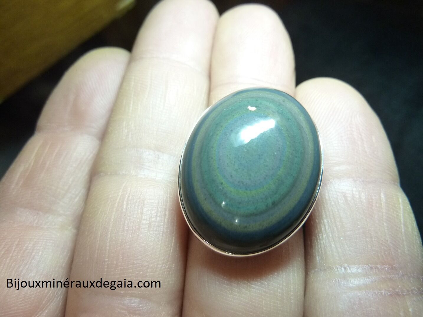Bague obsidienne oeil celeste argent 925 taille 58 3/4 ref 2900