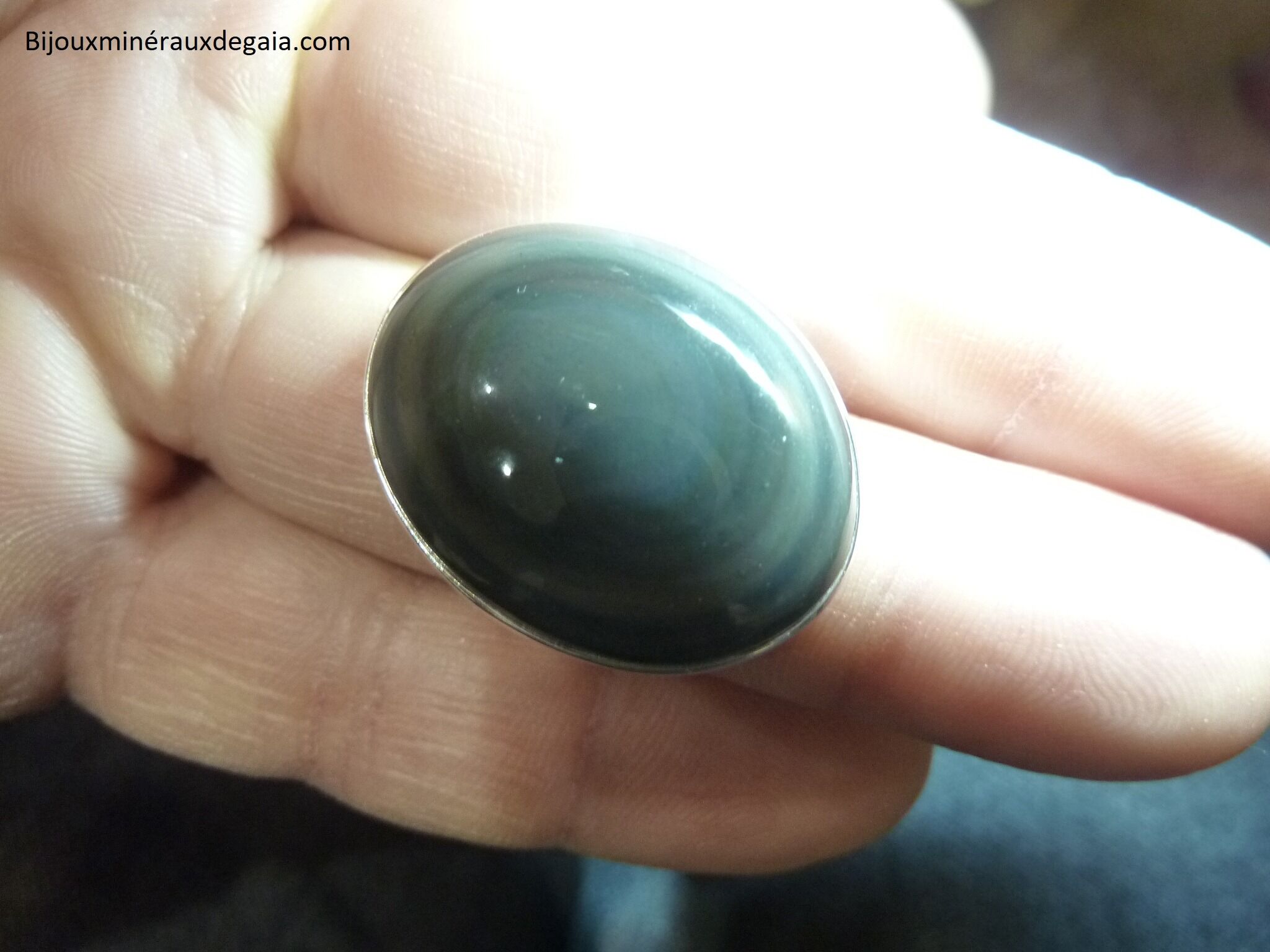 Bague obsidienne oeil celeste argent 925 taille 58 3/4 ref 2900