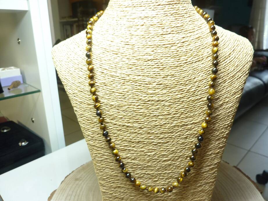 Collier Oeil de tigre - perles rondes 6 mm L 62 cm