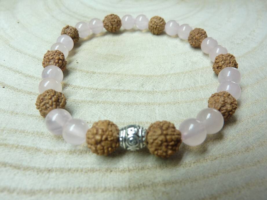 Bracelet Rudraksha-Quartz rose - Perles 8-6 mm