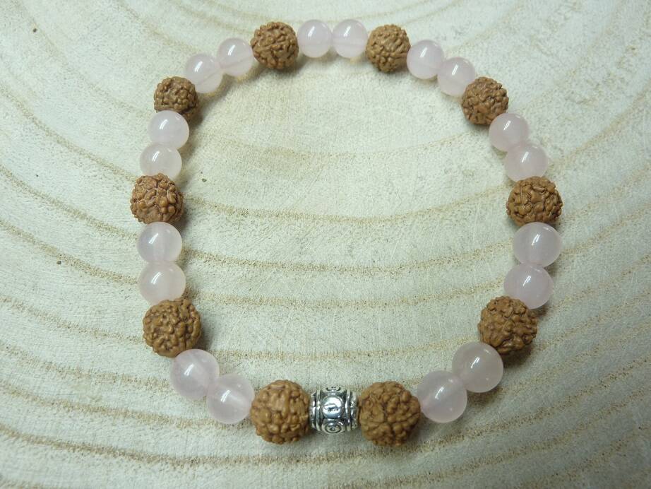 Bracelet Rudraksha-Quartz rose - Perles 8-6 mm