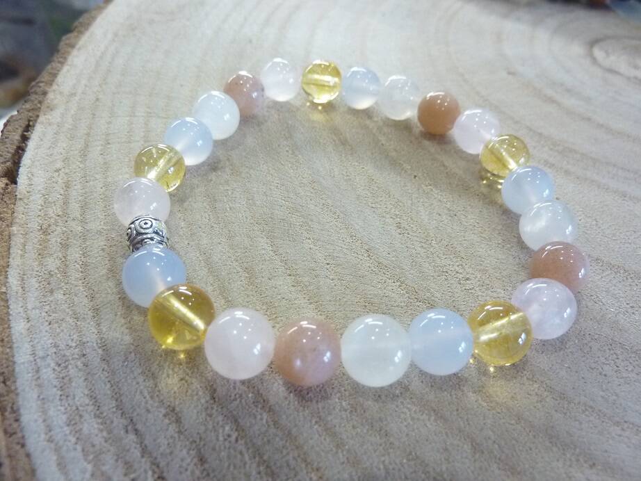 Bracelet citrine-pierre de lune-Calcédoine bleue-quartz rose-Pierre de soleil perles rondes 8 mm