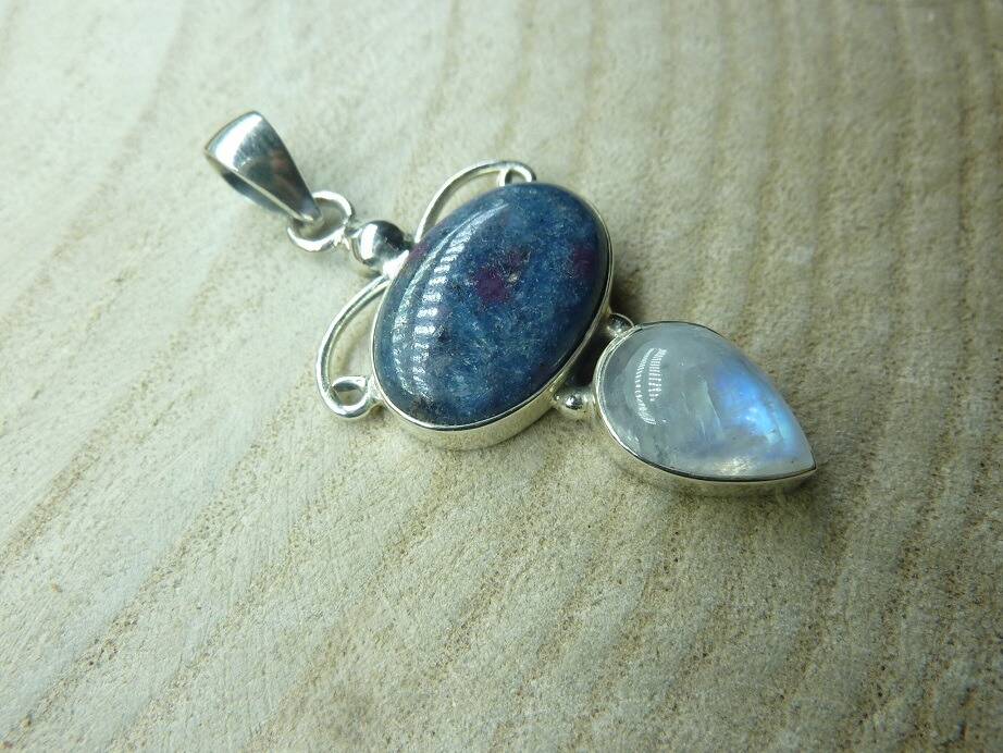Pendentif Pierre de lune-Jaspe héliotrope argent 925 Ref 0712