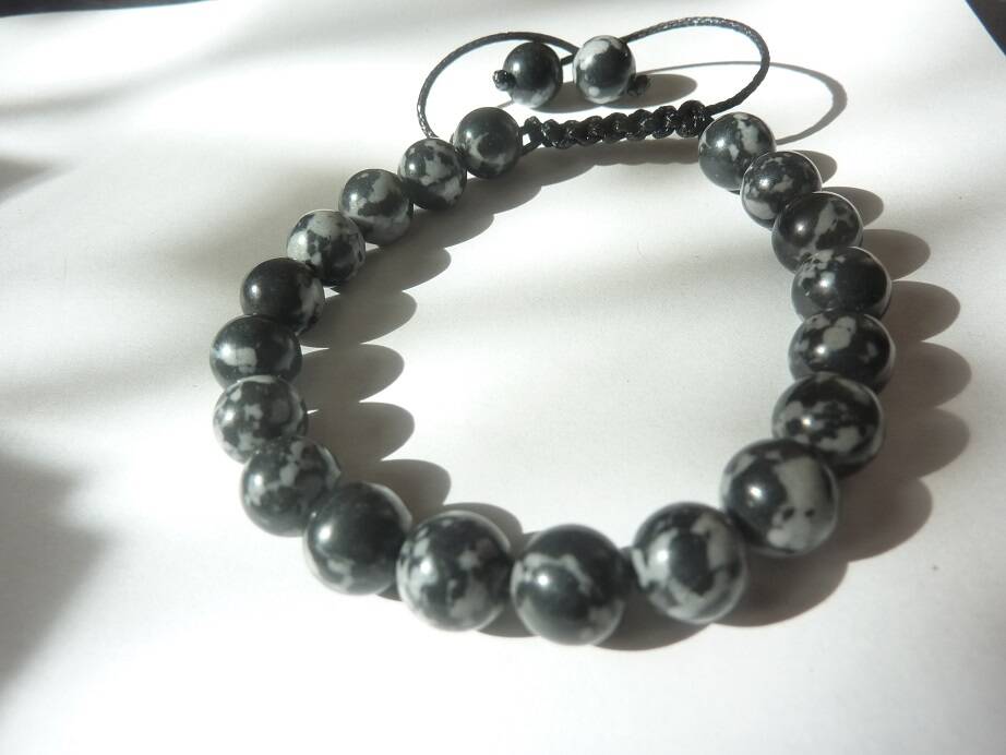 Bracelet réglable Obsidienne neige-Perles rondes de 8 mm