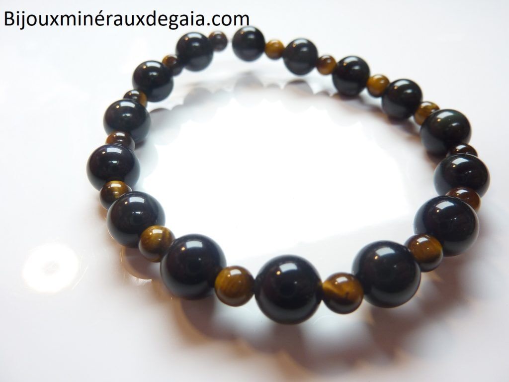 Bracelet Oeil de tigre-Obsidienne oeil céleste-Perles rondes 8-4 mm