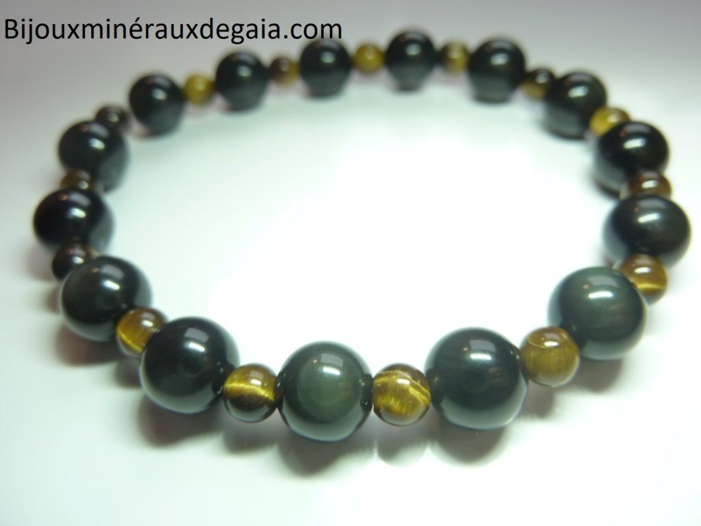 Bracelet Oeil de tigre-Obsidienne oeil céleste-Perles rondes 8-4 mm