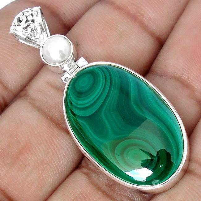 Sublime pendentif malachite et perle de culture monture argent 925 REF 4313