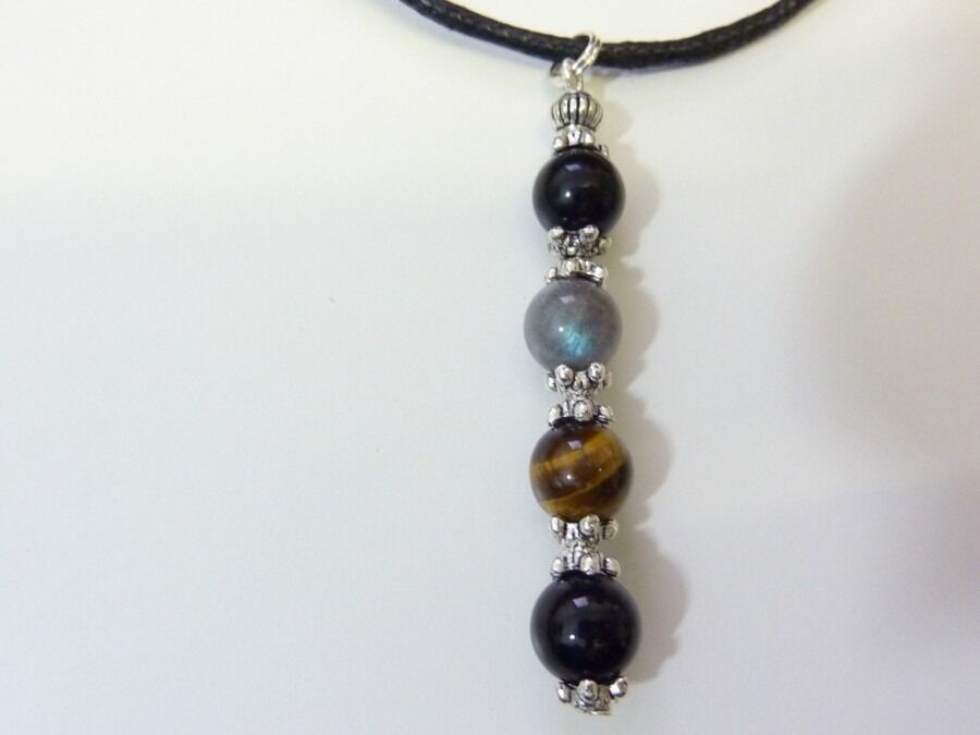 Pendentif protection Oeil de tigre-Labradorite-Tourmaline noire-obsidienne oeil céleste