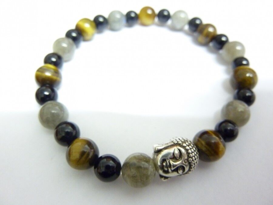 BRACELET PROTECTION BOUDDHA: OEIL DE TIGRE-LABRADORITE-TOURMALINE NOIRE