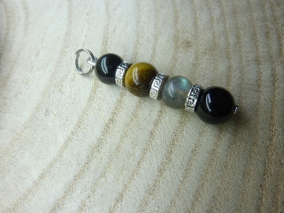 Pendentif oeil de tigre labradorite tourmaline noire spinelle noire 8mm