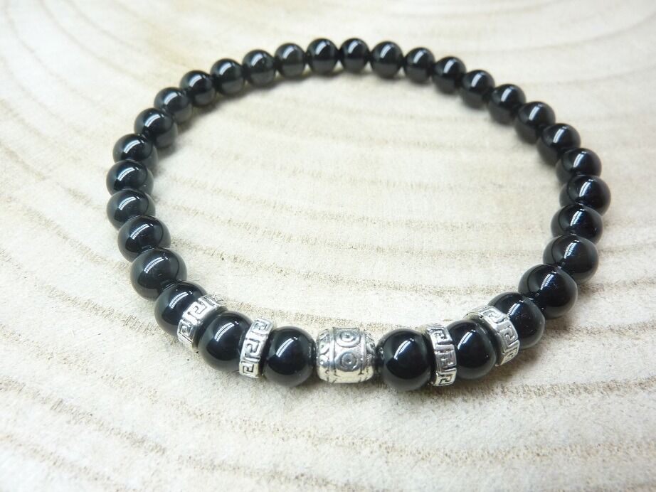 Bracelet tourmaline noire perles rondes 6mm et plaqué argent