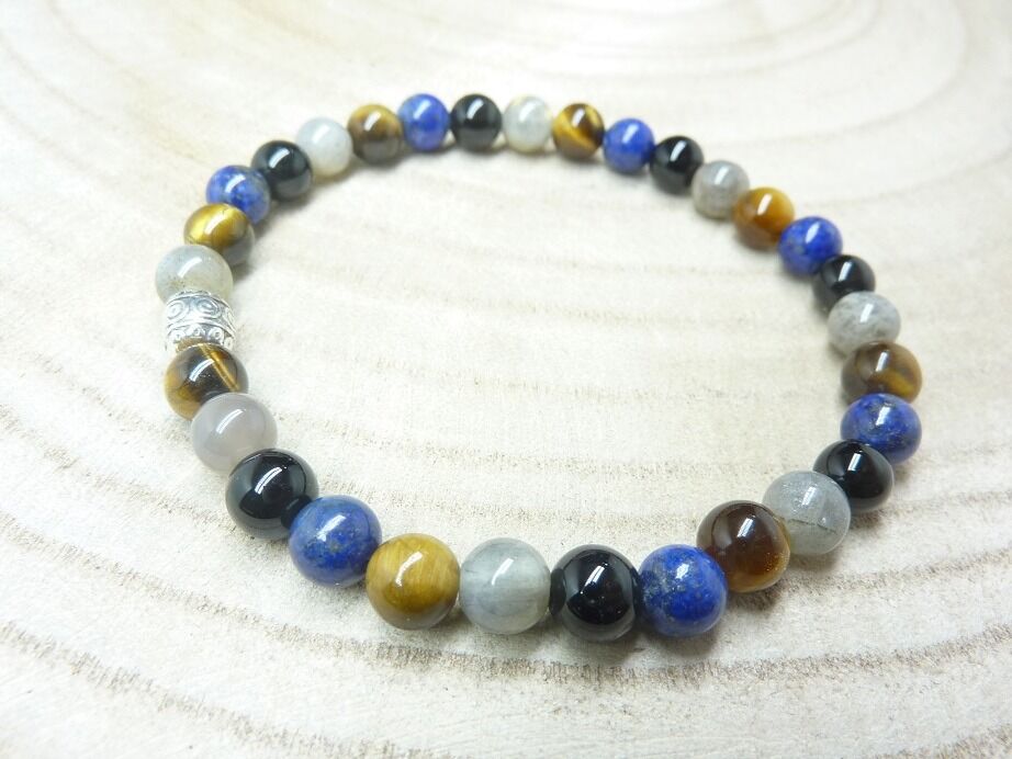 Bracelet Oeil de tigre-Labradorite-Lapis lazuli-Tourmaline noire