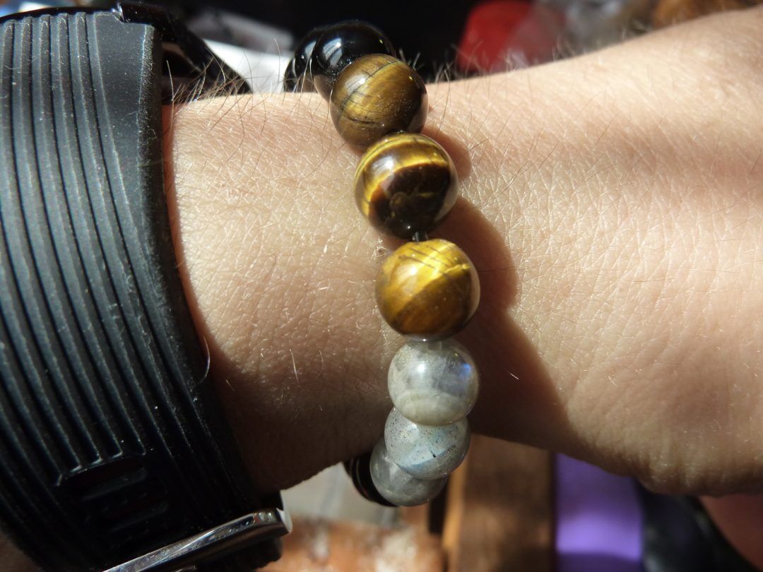 BRACELET OEIL DE TIGRE-LABRADORITE-TOURMALINE NOIRE 8MM