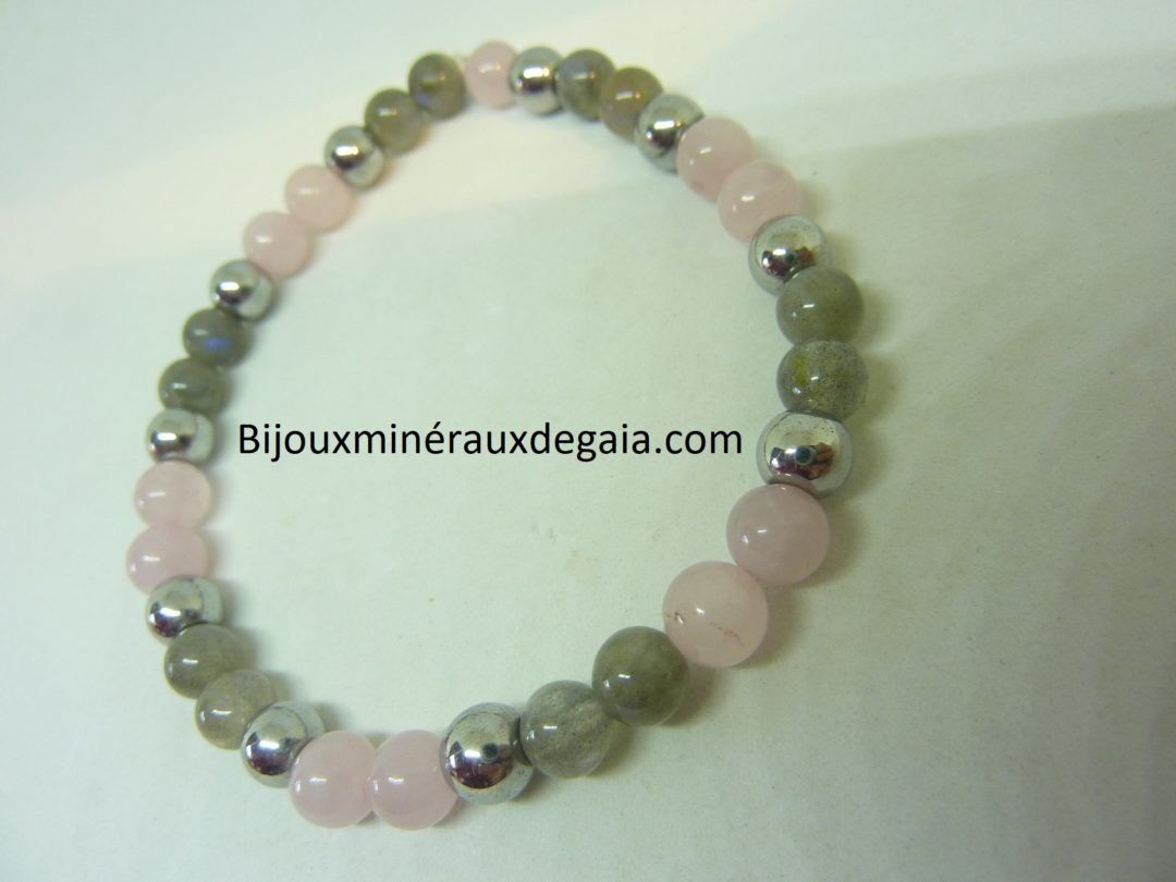 Bracelet Labradorite-hématite-quartz rose perles rondes 6 mm