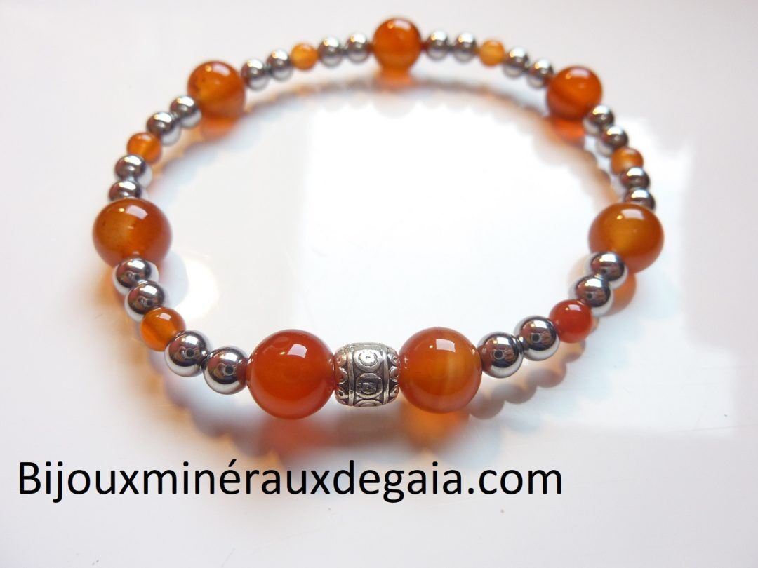 Bracelet Hématite-Cornaline perles rondes 8-4 mm