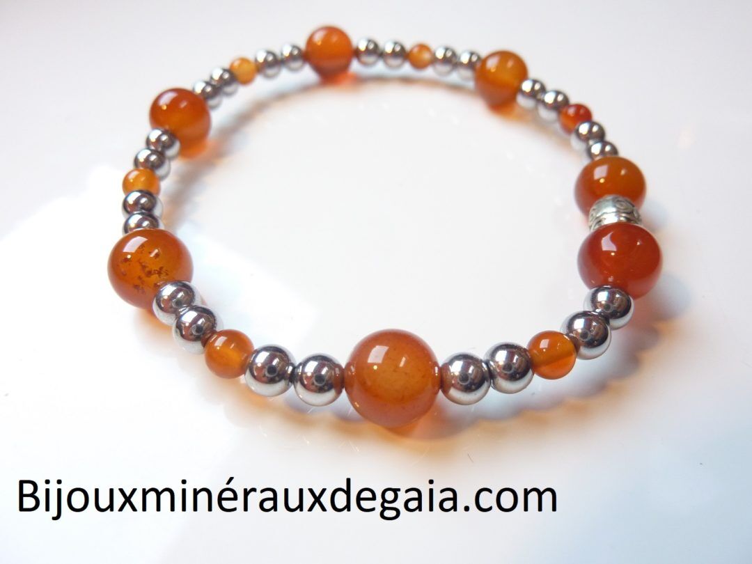 Bracelet Hématite-Cornaline perles rondes 8-4 mm
