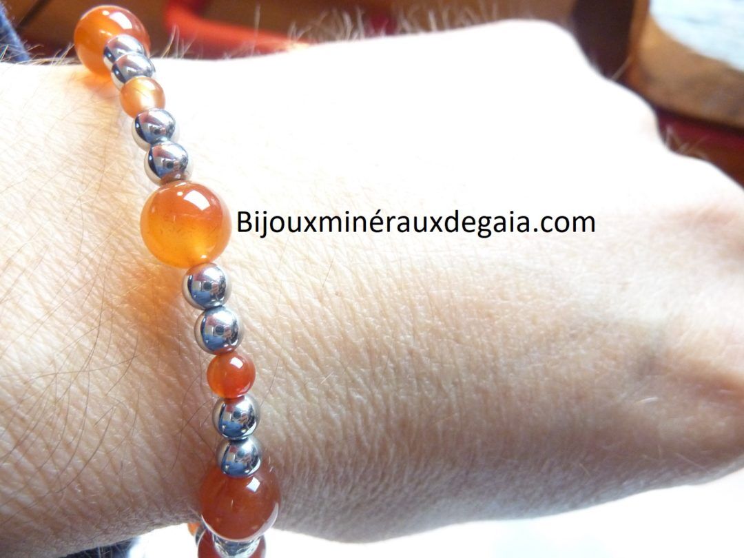 Bracelet Hématite-Cornaline perles rondes 8-4 mm