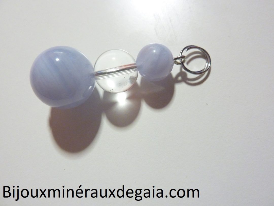 Pendentif calcédoine bleue-Quartz cristal de roche : perles rondes 14-10-8 mm