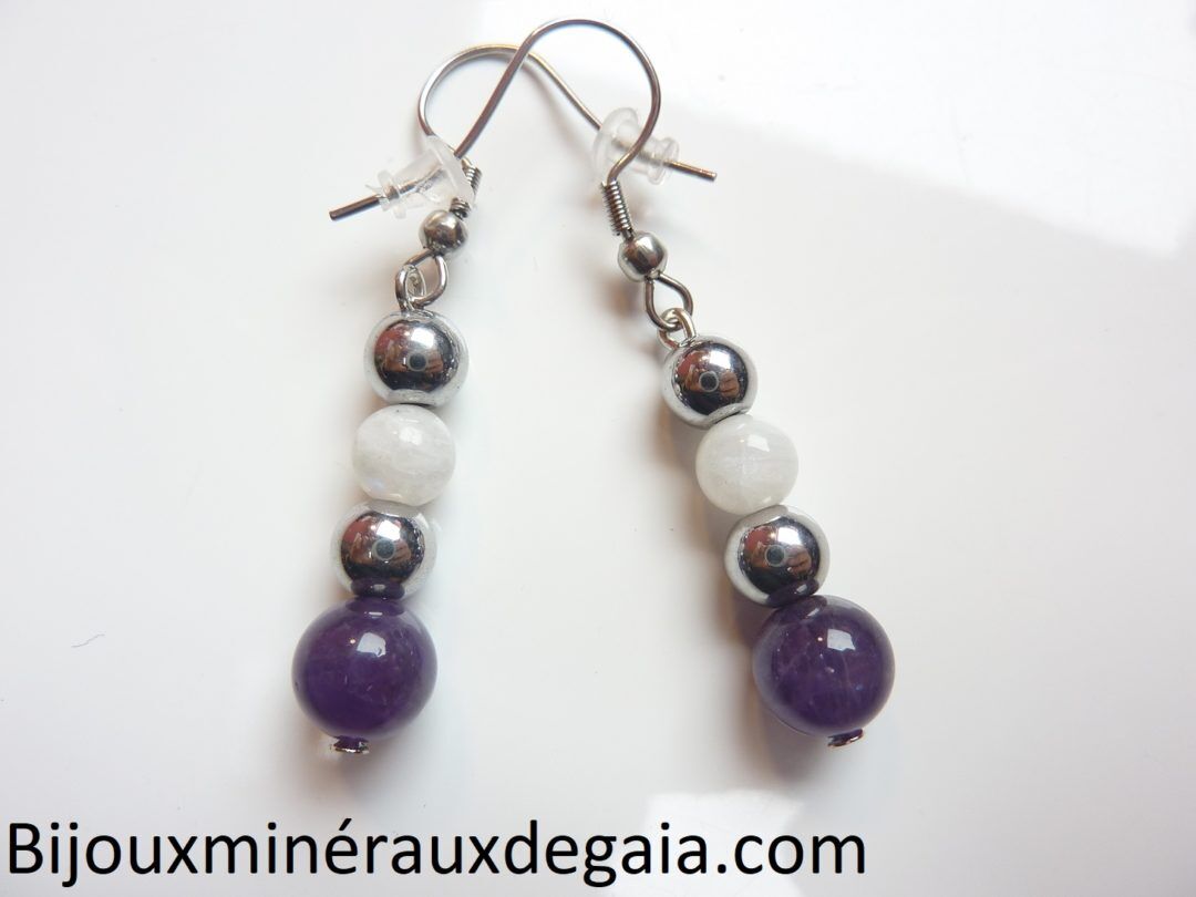 Boucles d'oreilles Pierre de lune-Améthyste-Hématite: perles rondes 8-6 mm