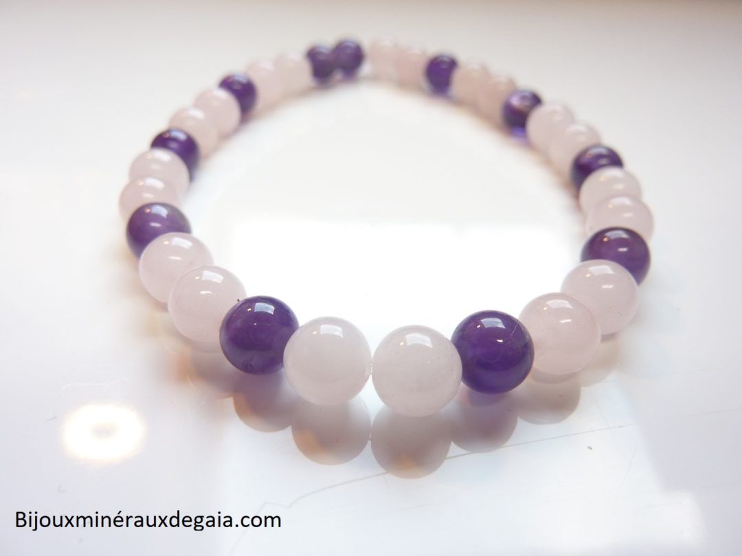 Bracelet Améthyste-Quartz rose perles rondes 6 mm