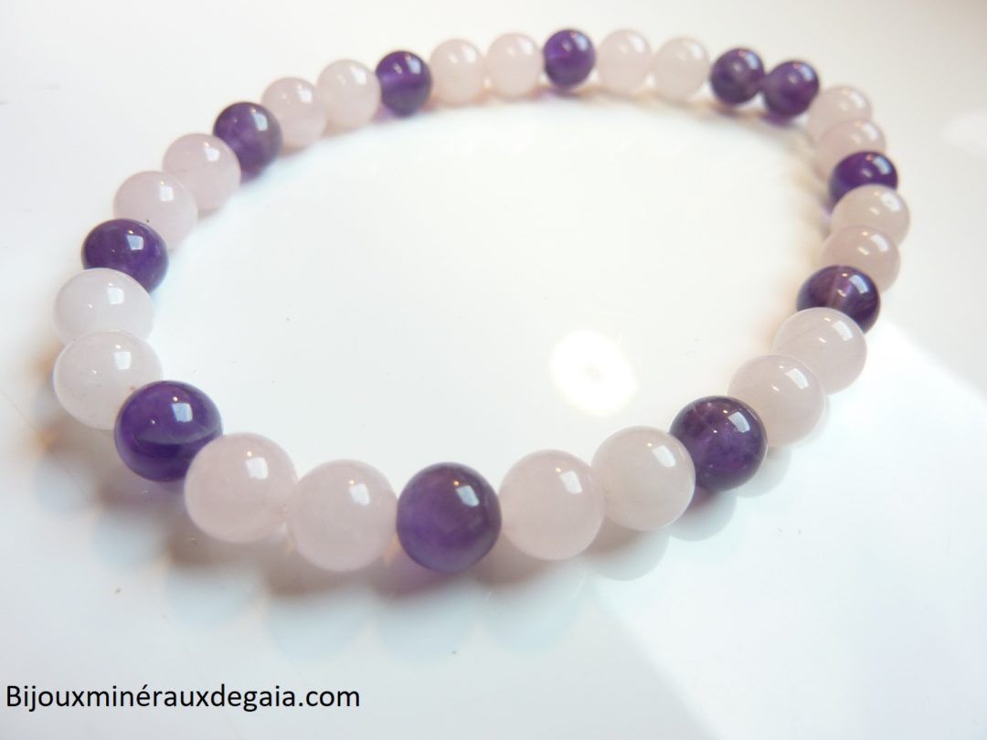 Bracelet Améthyste-Quartz rose perles rondes 6 mm