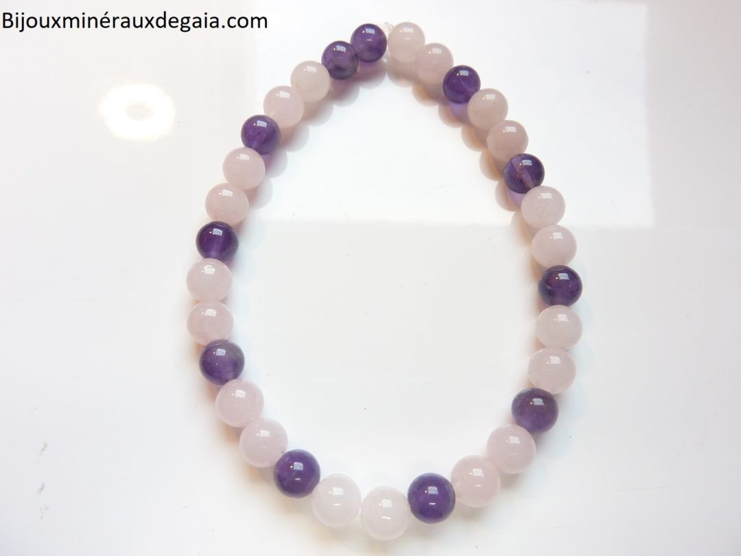 Bracelet Améthyste-Quartz rose perles rondes 6 mm