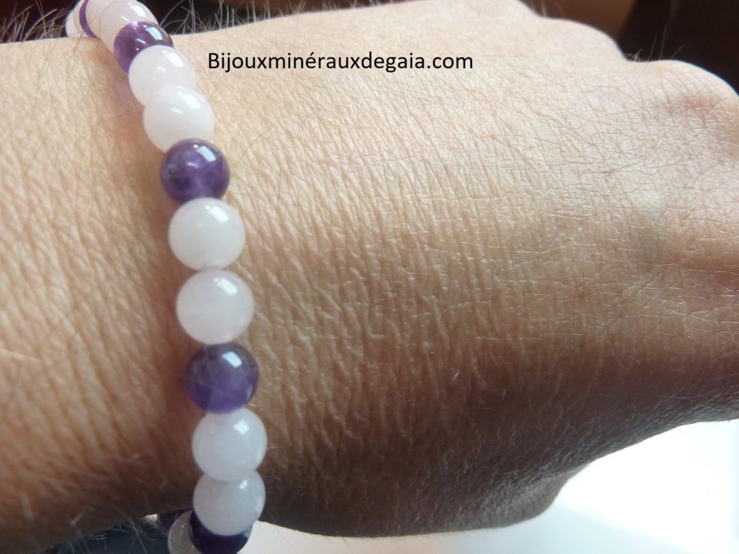 Bracelet Améthyste-Quartz rose perles rondes 6 mm