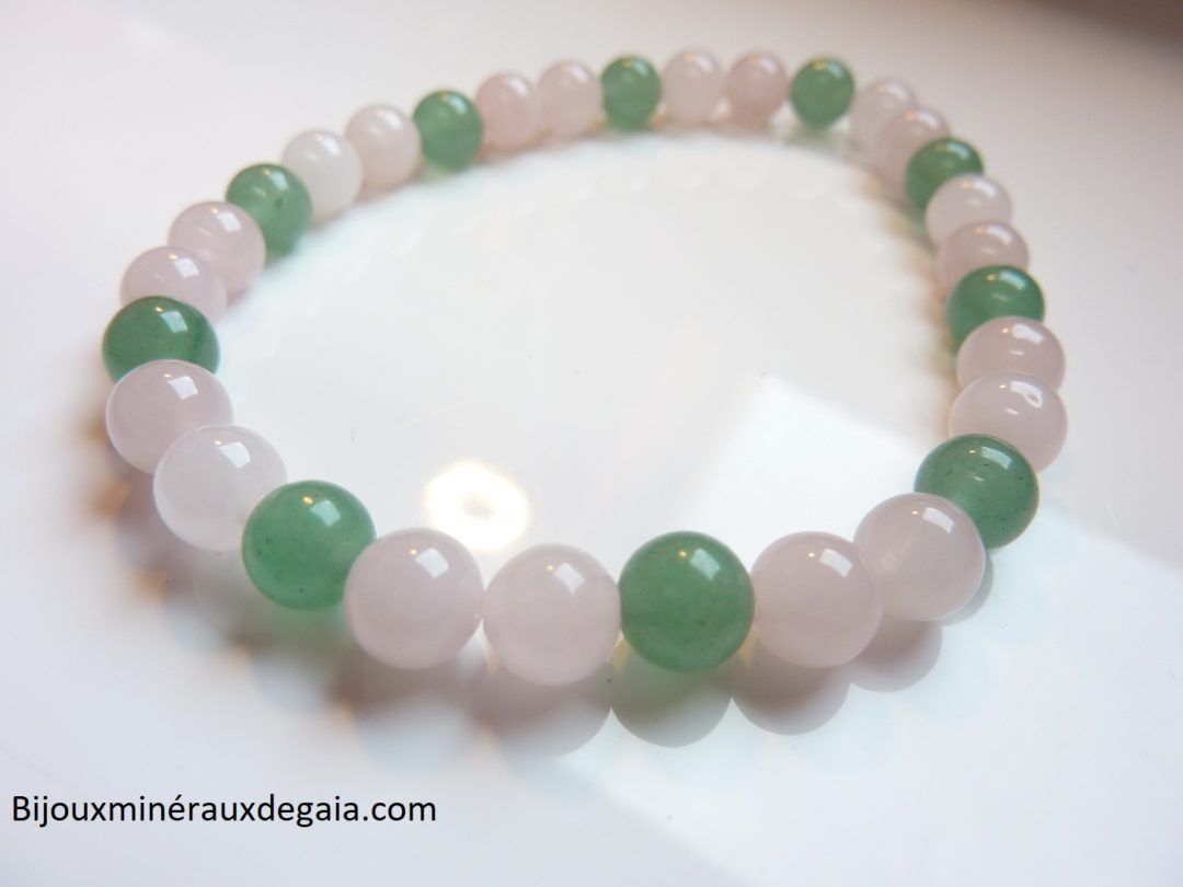 Bracelet Quartz rose-Aventurine verte perles rondes 6 mm