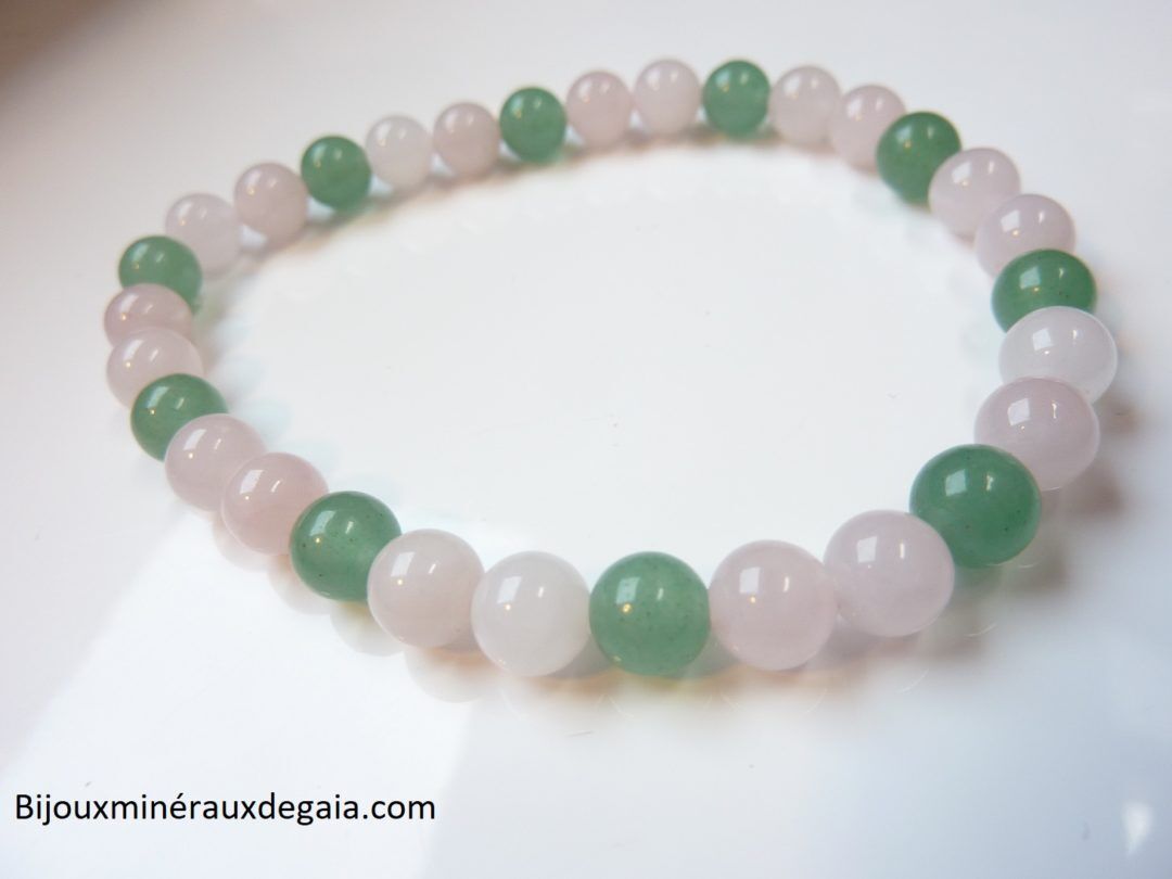 Bracelet Quartz rose-Aventurine verte perles rondes 6 mm