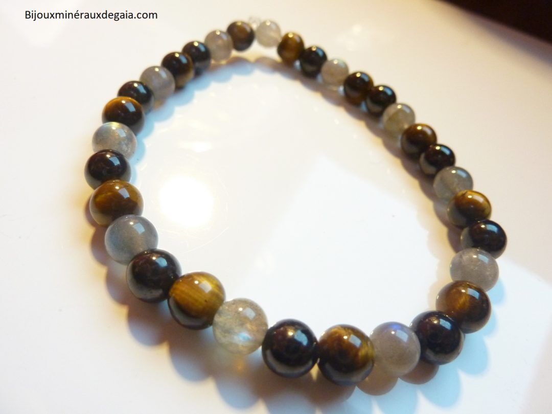 Bracelet oeil de tigre-Shungite-Labradorite : Perles rondes 6 mm