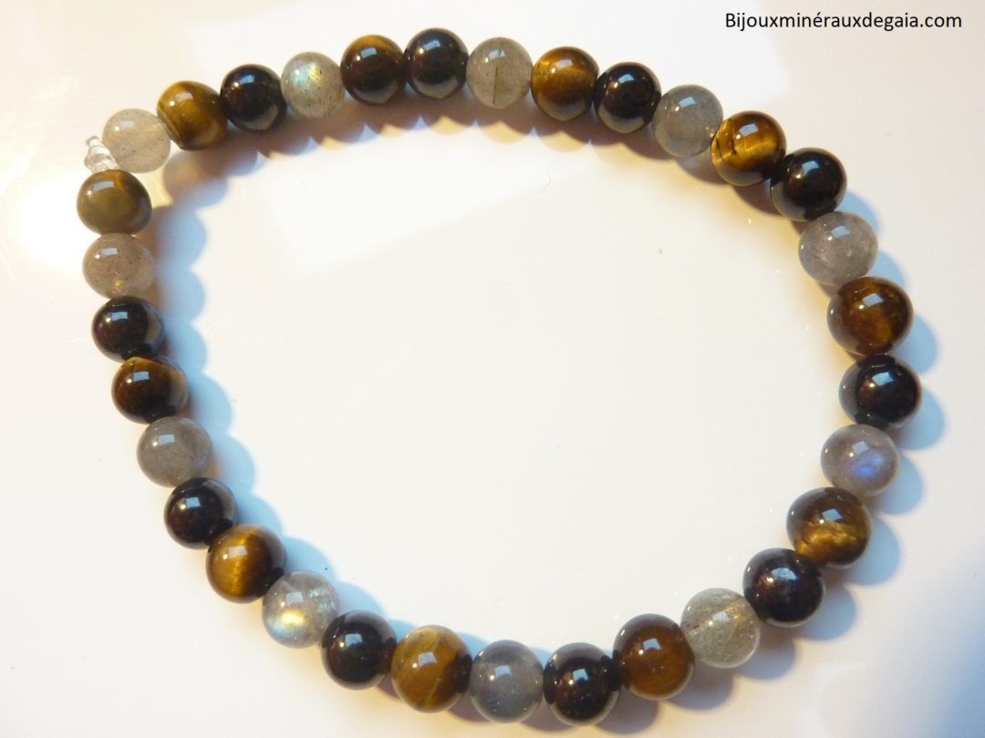 Bracelet oeil de tigre-Shungite-Labradorite : Perles rondes 6 mm