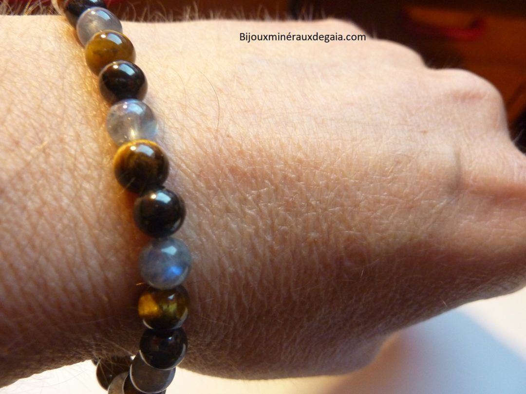Bracelet oeil de tigre-Shungite-Labradorite : Perles rondes 6 mm