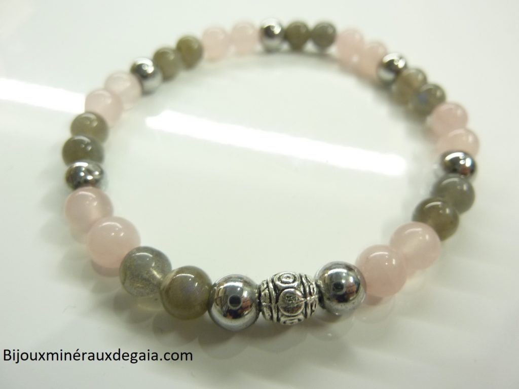 Bracelet Labradorite-hématite-quartz rose-perles rondes 6 mm