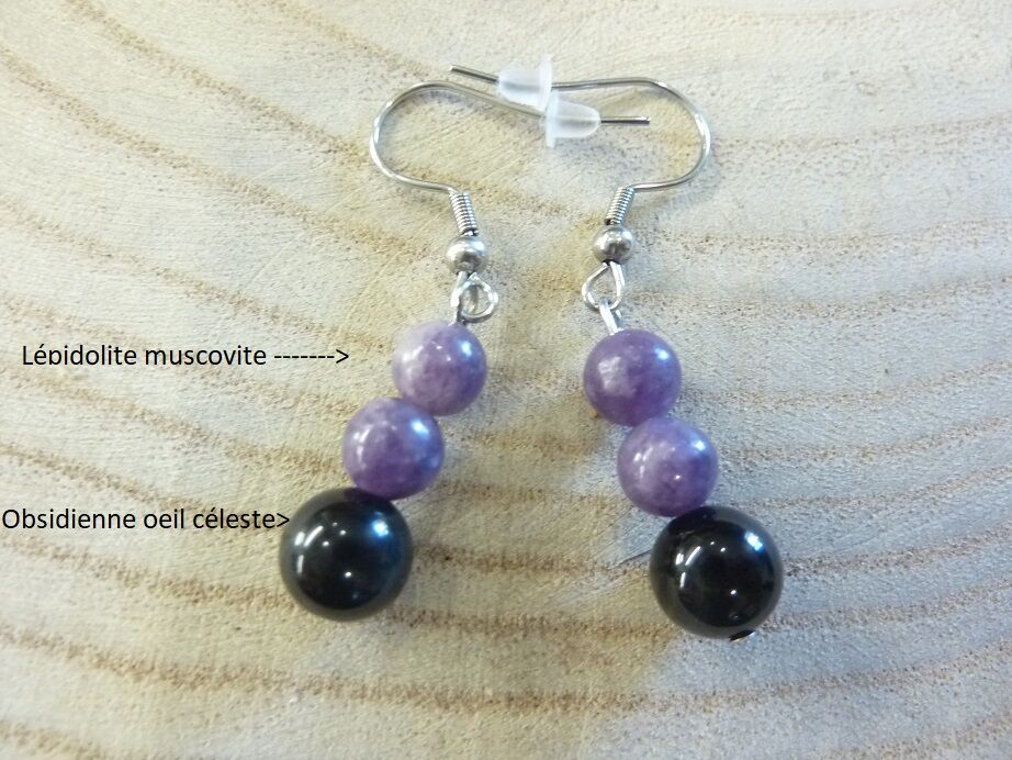 Boucles d'oreilles Lépidolite-Obsidienne oeil céleste Confiance en soi